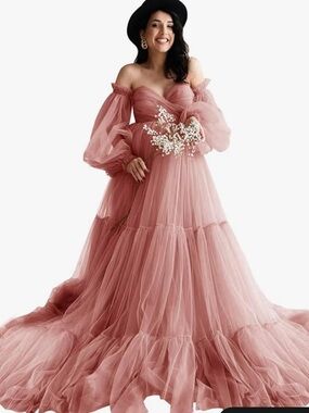 Romantic Off-Shoulder Tulle Maxi Dress in Dusty Rose